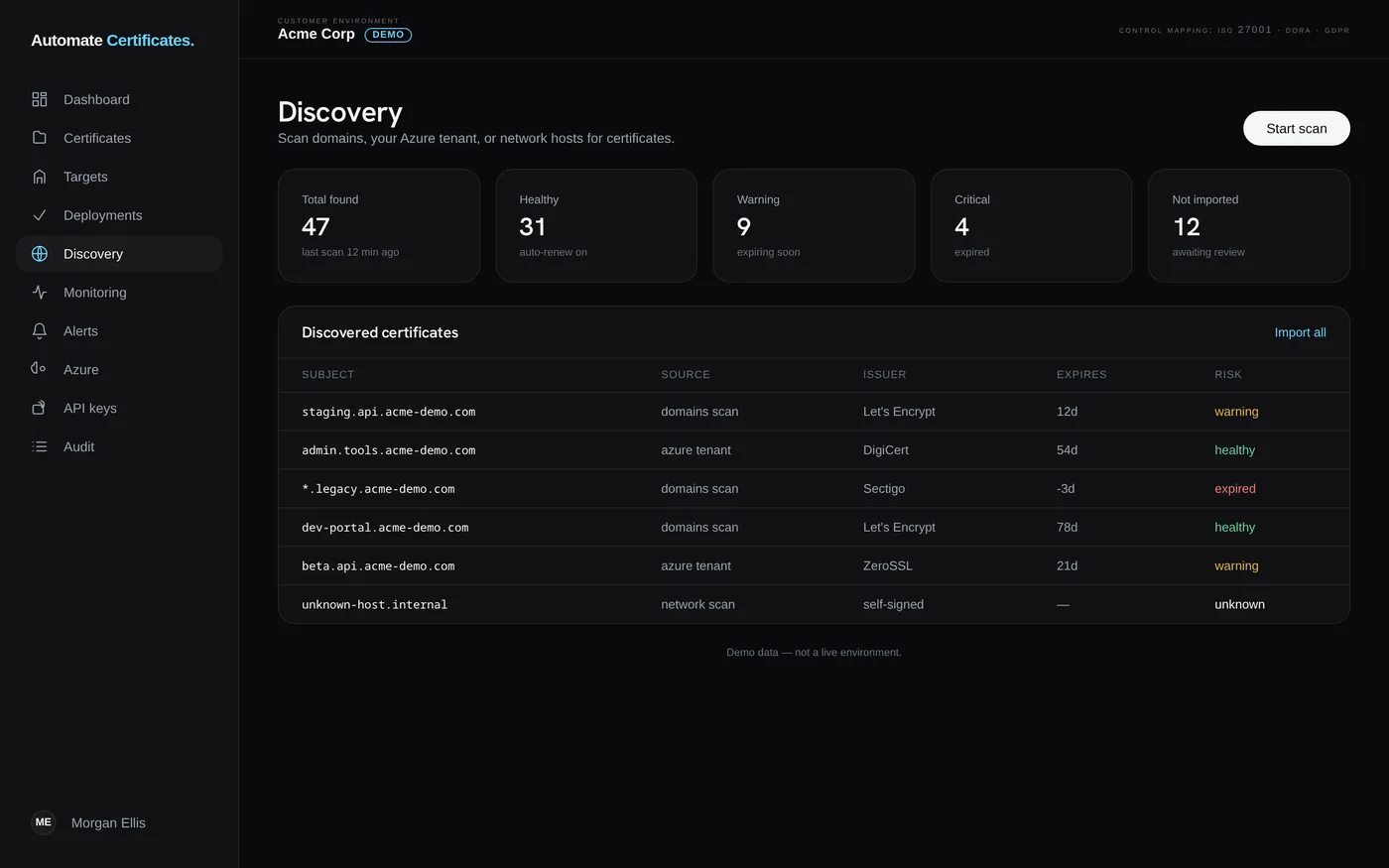 Automate Certificates Erkennungs-Bildschirm